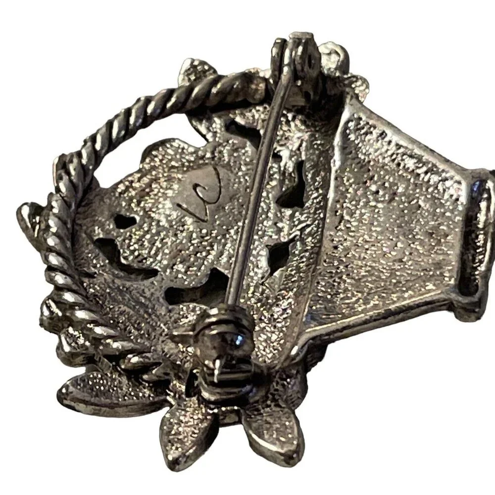Liz Claiborne Shimmer Enamel Flower Basket Brooch w/‎ AB Rhinestones Silver Tone